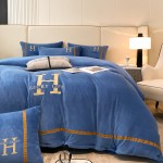 2022 live new model H milk velvet solid color embroidery warm four-piece set 1.5m bed sheet style four-piece set Piaget