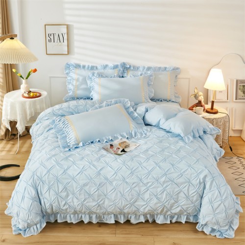 2022 New 60s Cotton Washed Cotton Bedskirt Four-piece Set Paris Spring Series Paris Spring Sky Blue