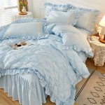 2022 New 60s Cotton Washed Cotton Bedskirt Four-piece Set Paris Spring Series Paris Spring Sky Blue